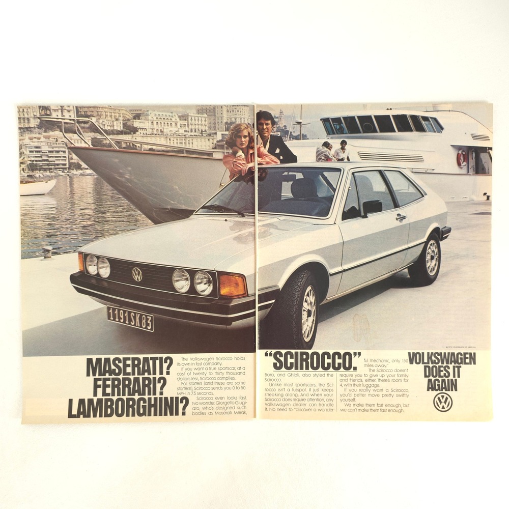 Volkswagen Scirocco Print Ad Maserati Ferrari Lamborghini Vintage Garage Decor